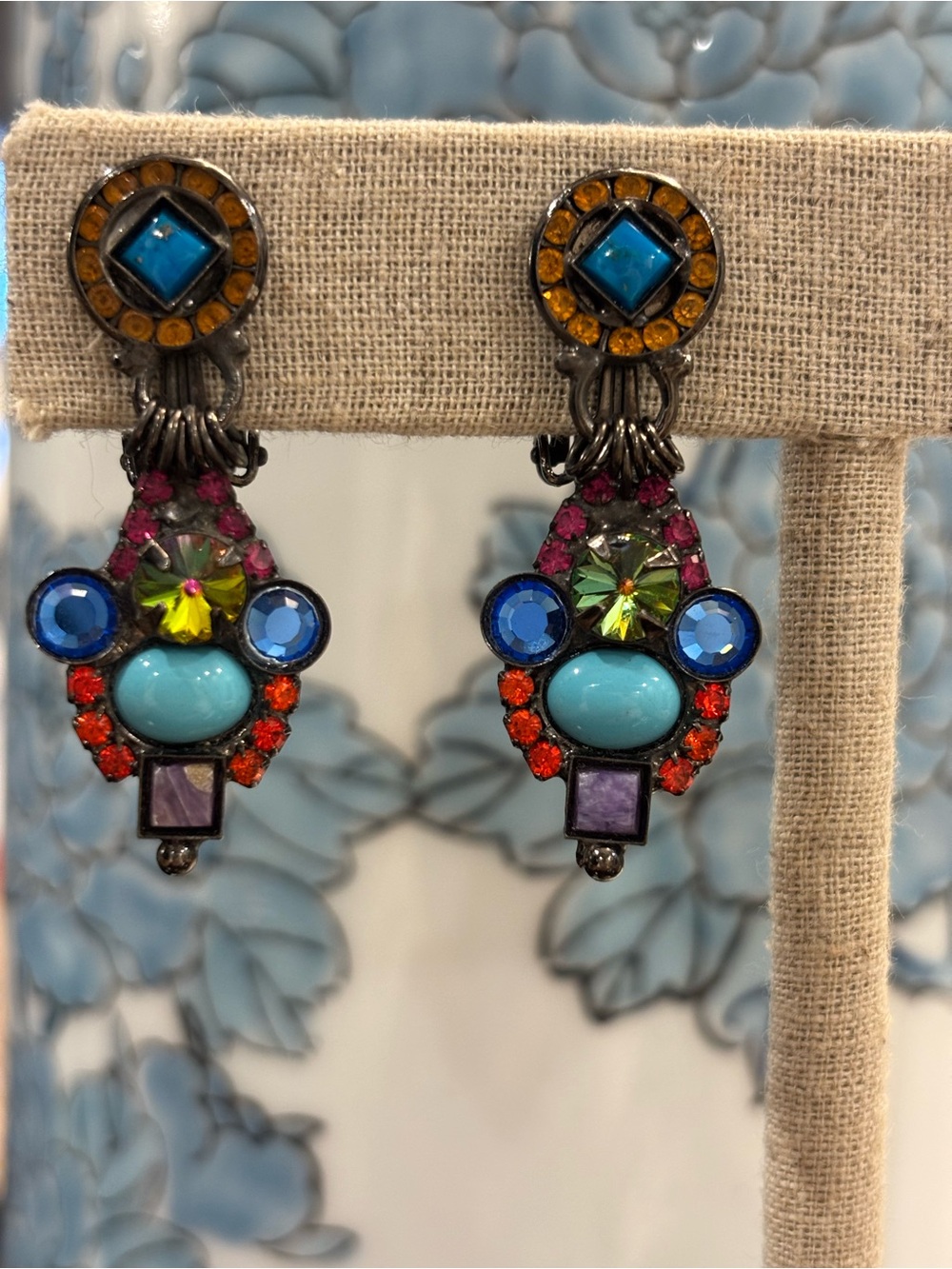 Colorful Turquoise & Multicolor Drop Clip On Earrings